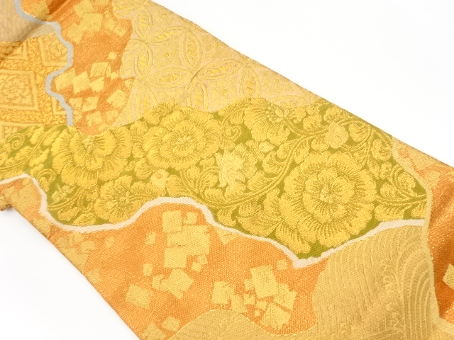 リサイクル　道長取りに花唐草・七宝・菱模様織出し袋帯